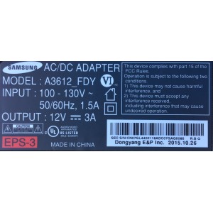 ADAPTADOR SAMSUNG VCA EPS-3 / NUMERO DE PARTE EPS-3  / MODELO A3612_FDY / ENTRADA VCA 100-130V～50-60Hz 1.5A / SALIDA VCD 12V-3A 	